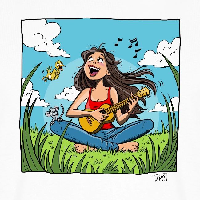 a-girl-enjoying-summer-and-nature-while-playing-the-ukulele kletter t-shirt, climbing t-shirt, climbing merchs, kletter merchs, rock climbing, bouldering, hiking, nature lover, outdoor sport