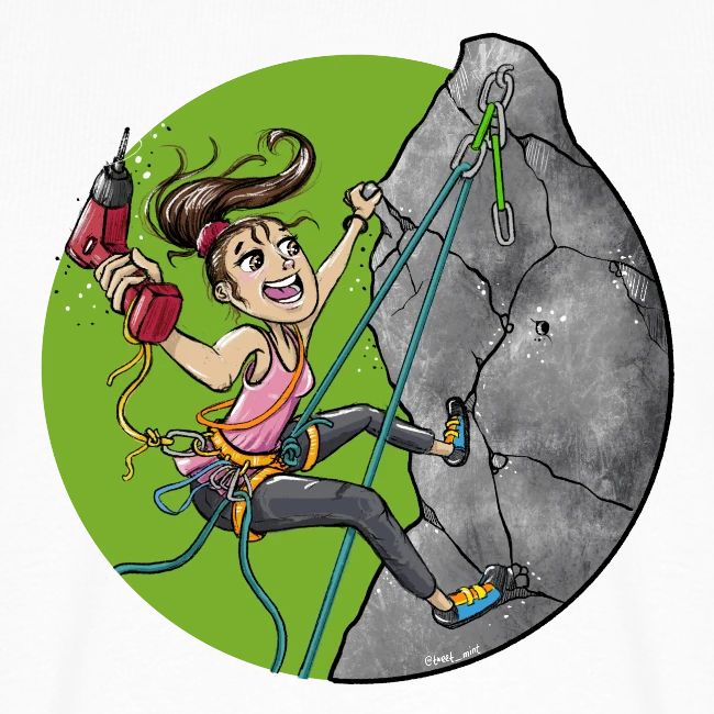 female-rock-climber-holding-a-drill-preparing-to-set-up-a-new-climbing-route kletter t-shirt, climbing t-shirt, climbing merchs, kletter merchs, rock climbing, bouldering, hiking, nature lover, outdoor sport
