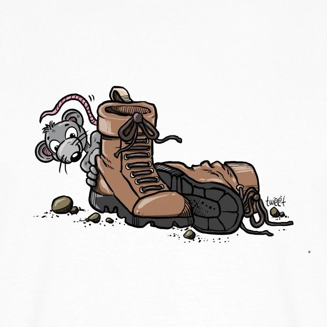 hiking-shoes-with-an-excited-mouse-hiding kletter t-shirt, climbing t-shirt, climbing merchs, kletter merchs, rock climbing, bouldering, hiking, nature lover, outdoor sport