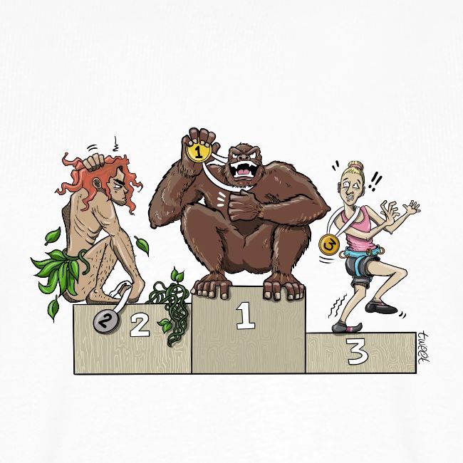 olympic-climbing-winners-with-gorilla-tarzan-and-an-athlete kletter t-shirt, climbing t-shirt, climbing merchs, kletter merchs, rock climbing, bouldering, hiking, nature lover, outdoor sport